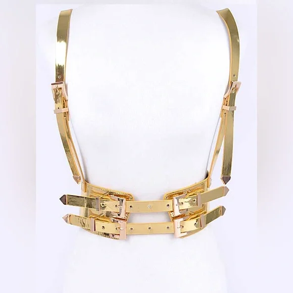Plus Size Metallic Gold or Silver Vegan Leather Harness Statement Belt Snag Belt in Black Faux Leather - Snag – Snag US main image 2